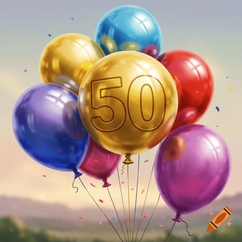Colorful celebration balloons with the number 50.