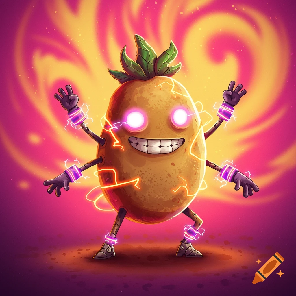A dancing cartoon potato character with pineapple leaves, glowing eyes, multiple arms, and electric energy.