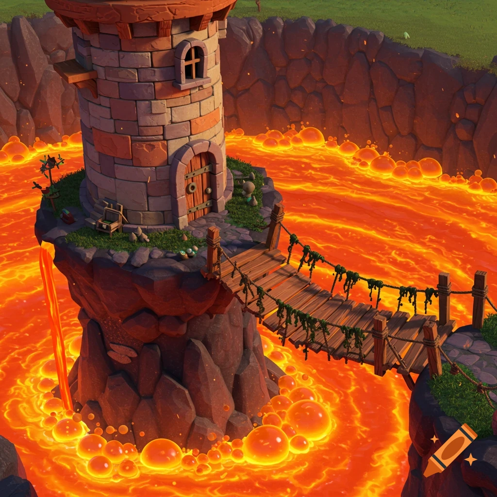Cartoon fantasy tower surrounded by lava with a wooden bridge.