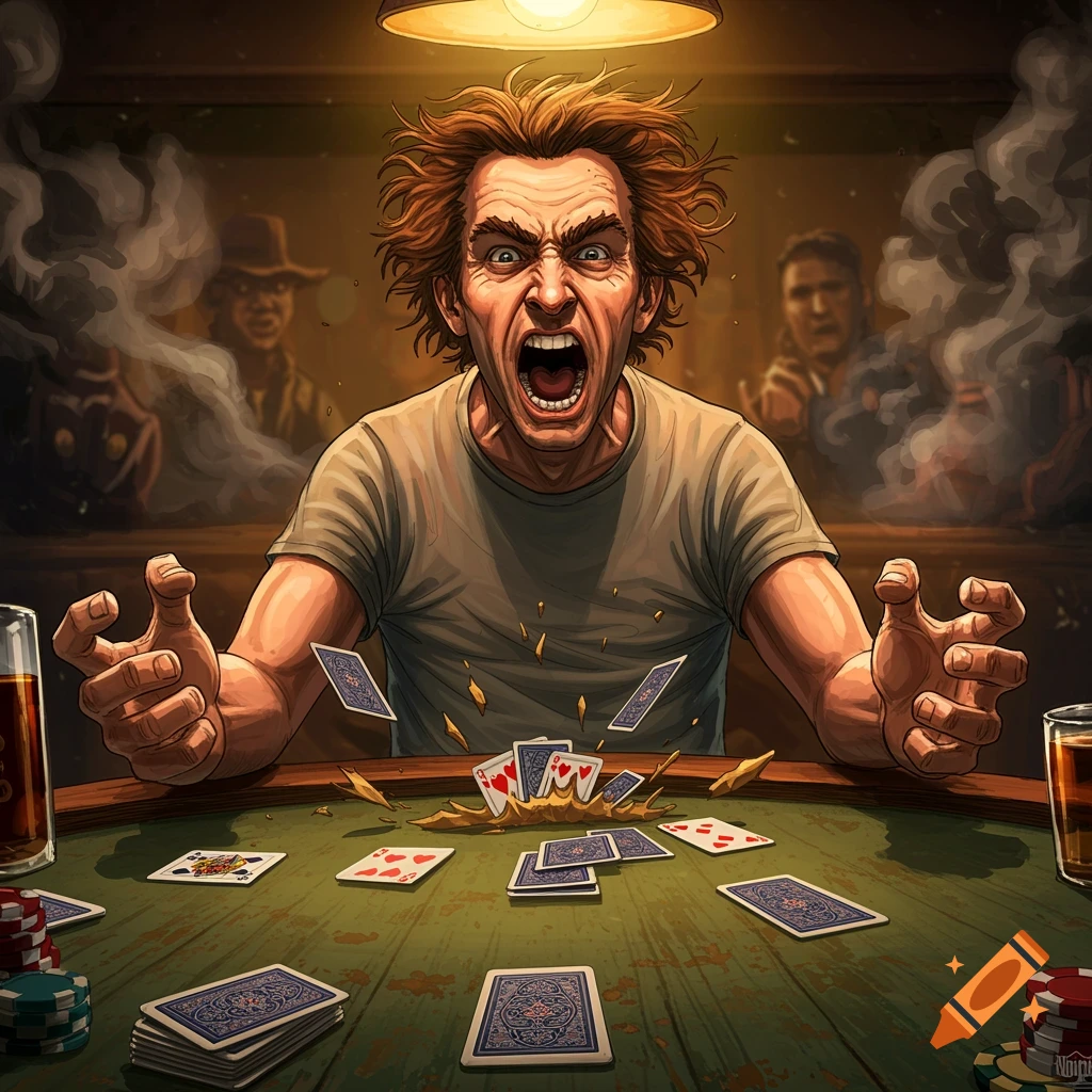 Man yelling at a poker game, scattering cards in a smoky room in a comic book style.