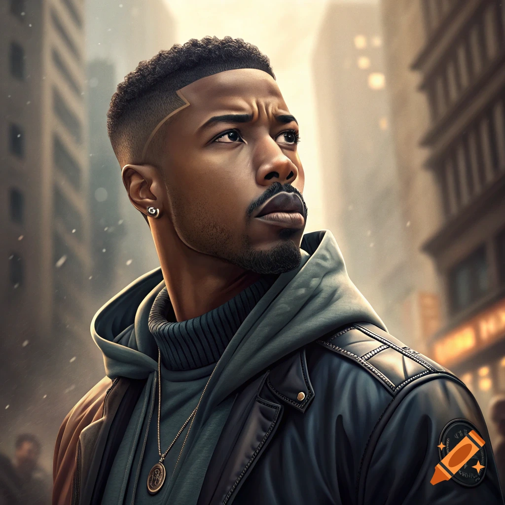 A photorealistic portrait of Michael B. Jordan looking up on a city street.