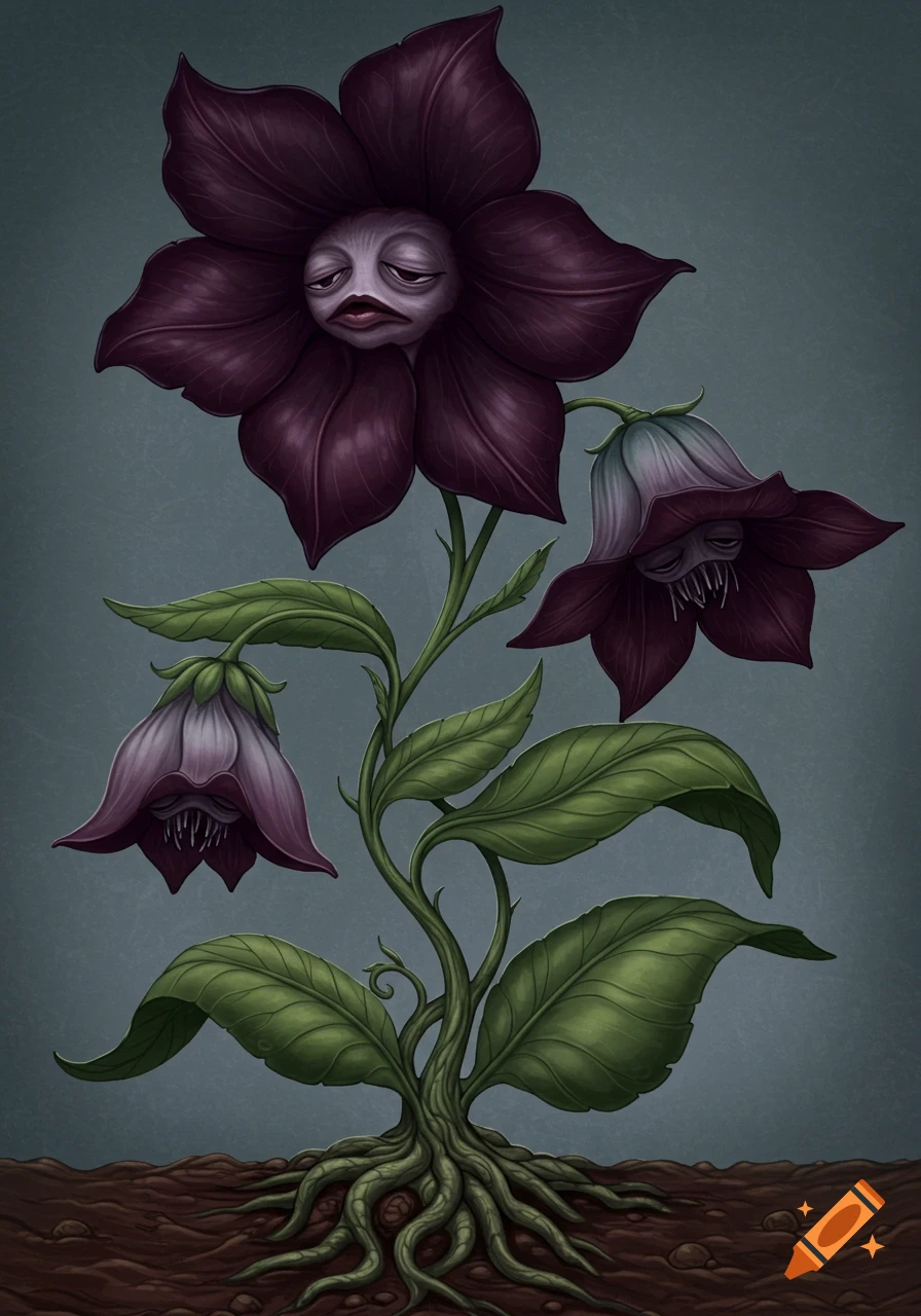 A plant with sleepy faces on its dark purple flowers.