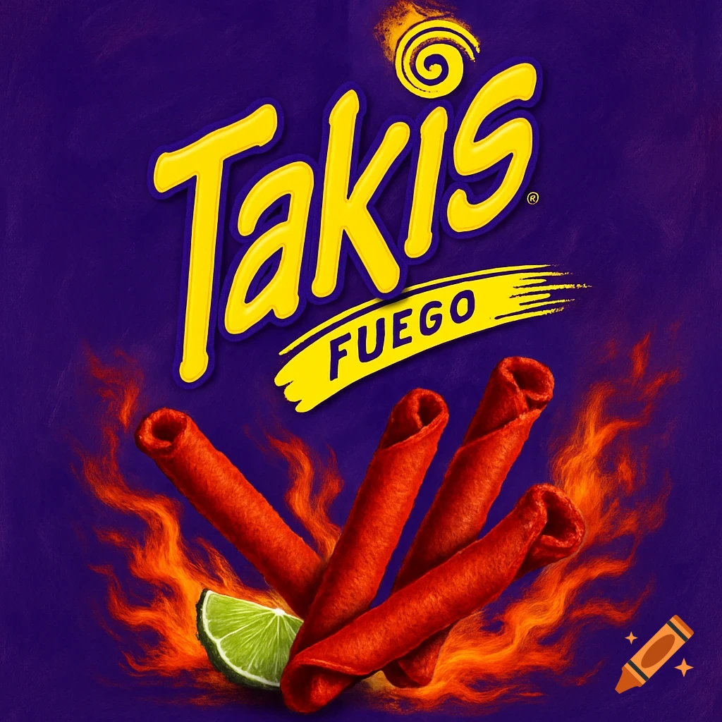 Takis Fuego packaging design with red chips, flames, and a lime slice on a purple background.