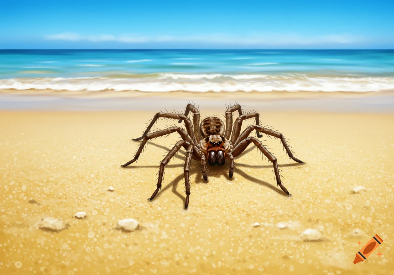 A large spider on a sandy beach with the ocean in the background.