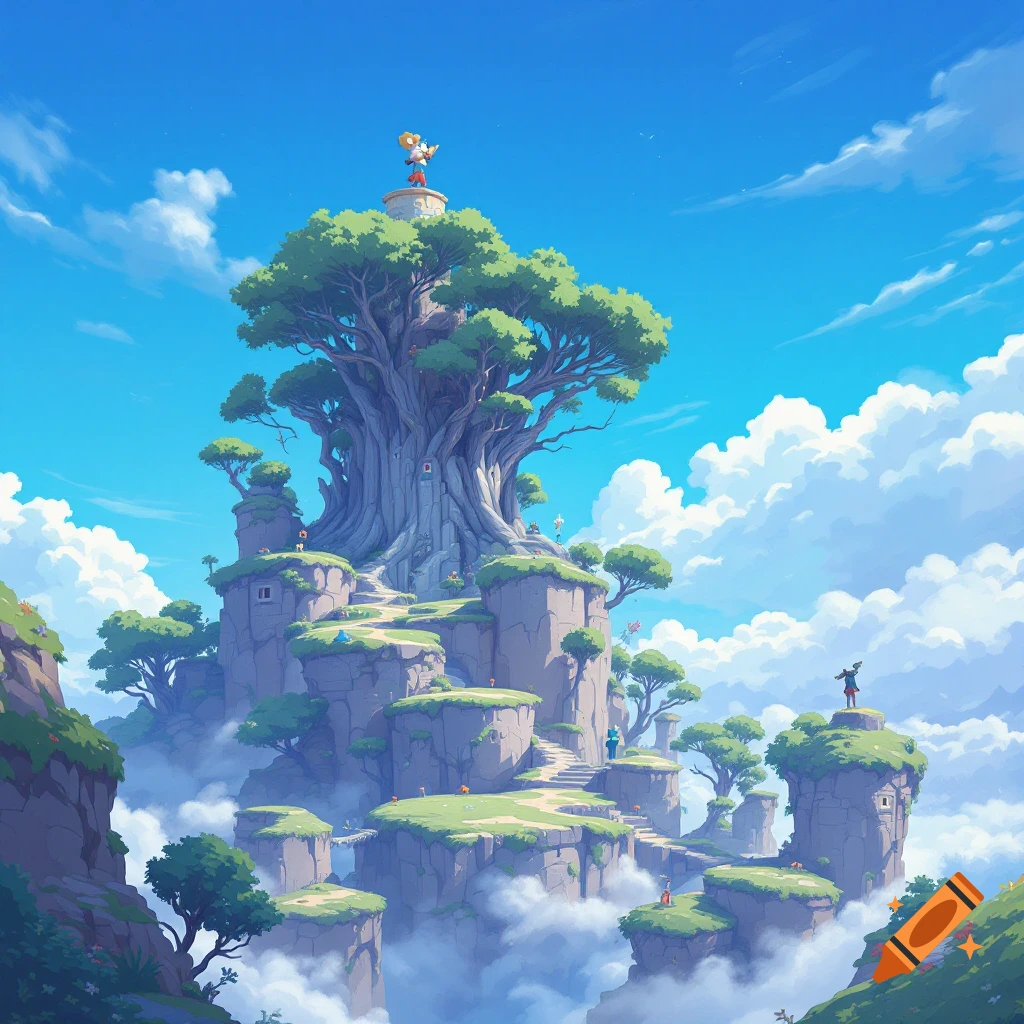 A giant tree stands atop floating rocky islands with small figures and paths, surrounded by clouds under a bright blue sky.