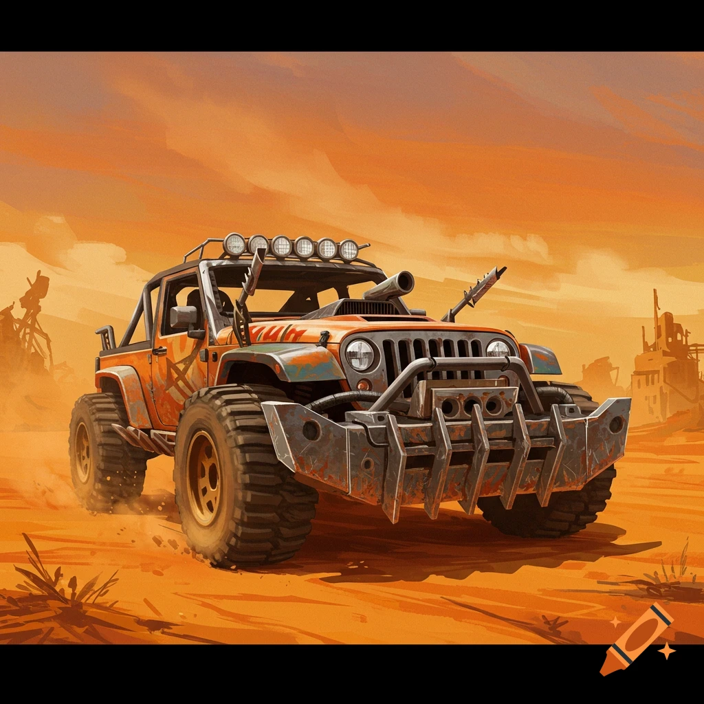 Heavily modified orange Jeep driving through a desert.