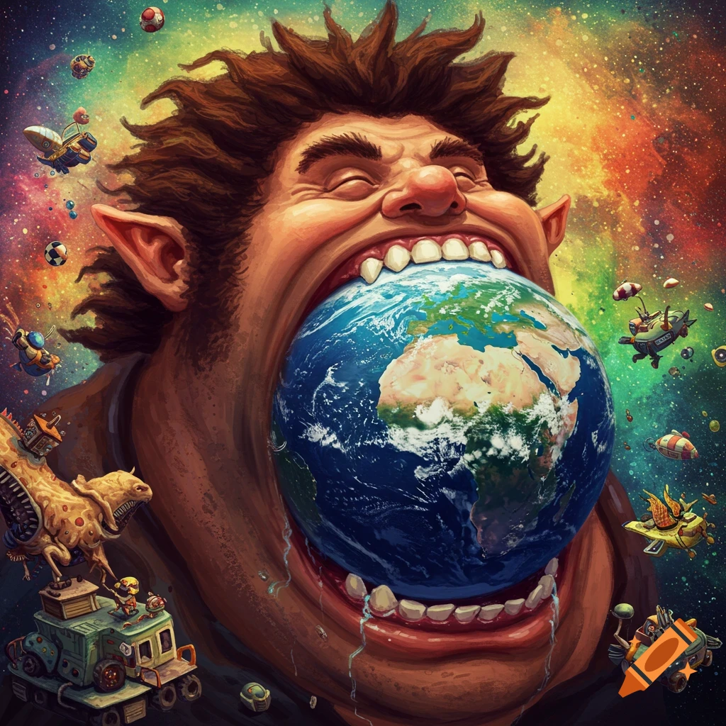 Cartoon figure eating Earth in space with flying objects.