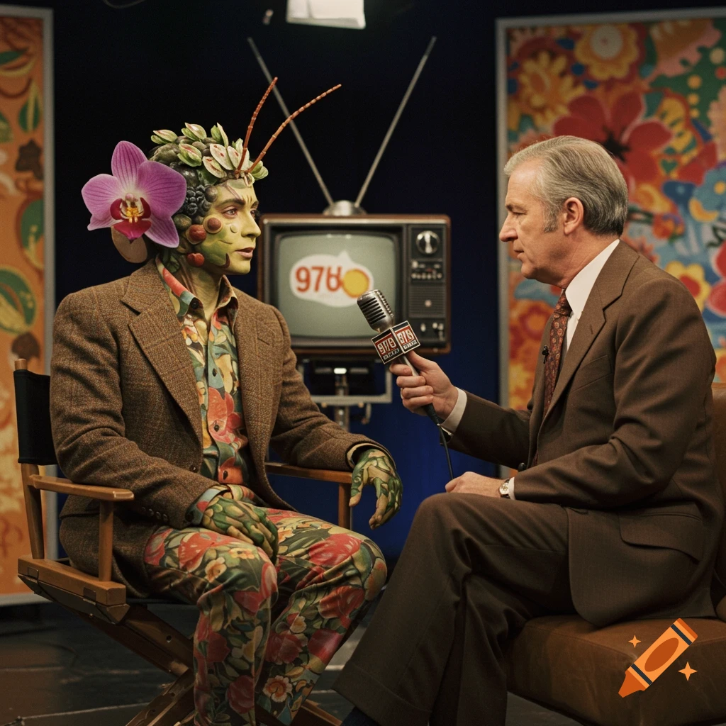 A hybrid creature with green skin and flowers on its head is interviewed by a man in a 1970s TV studio.