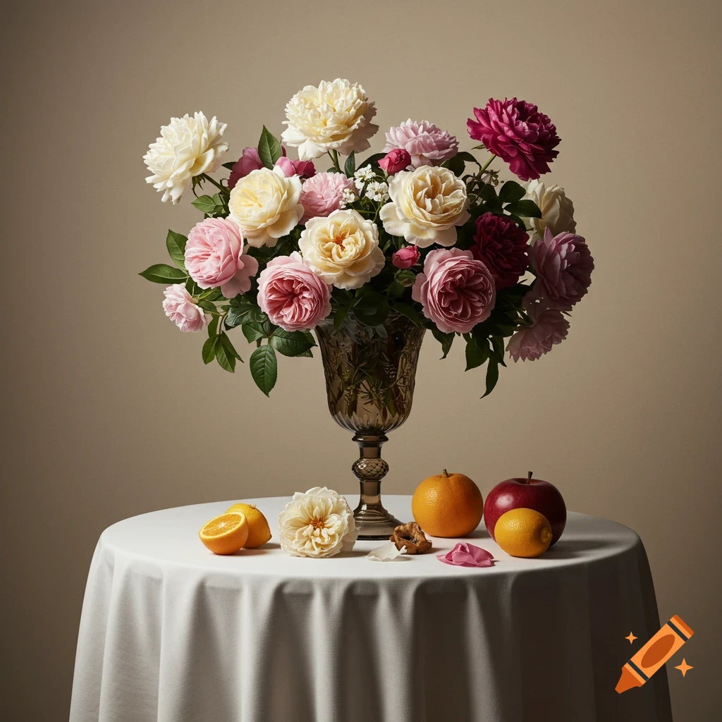 Still life oil painting of flowers in a vase with fruit on a table.