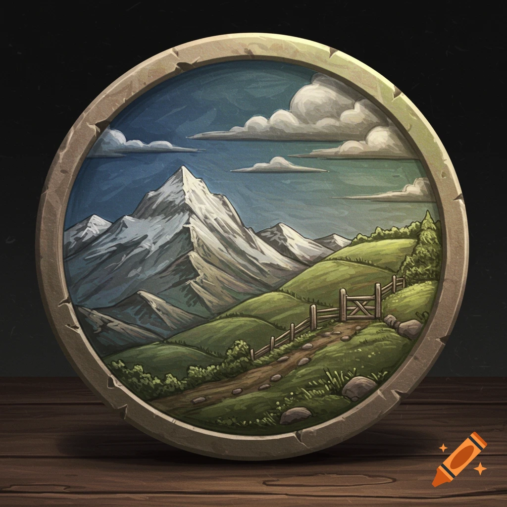 A mountain and hills landscape inside a round stone coin.