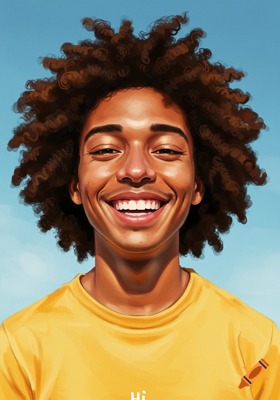 A young man with curly hair is smiling in a yellow shirt.