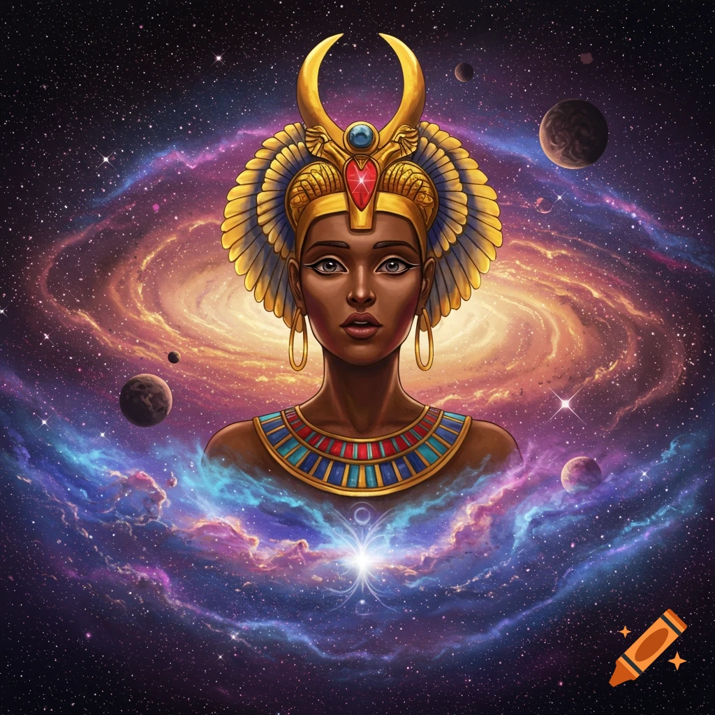An Egyptian figure in a celestial headdress against a colorful galaxy background.