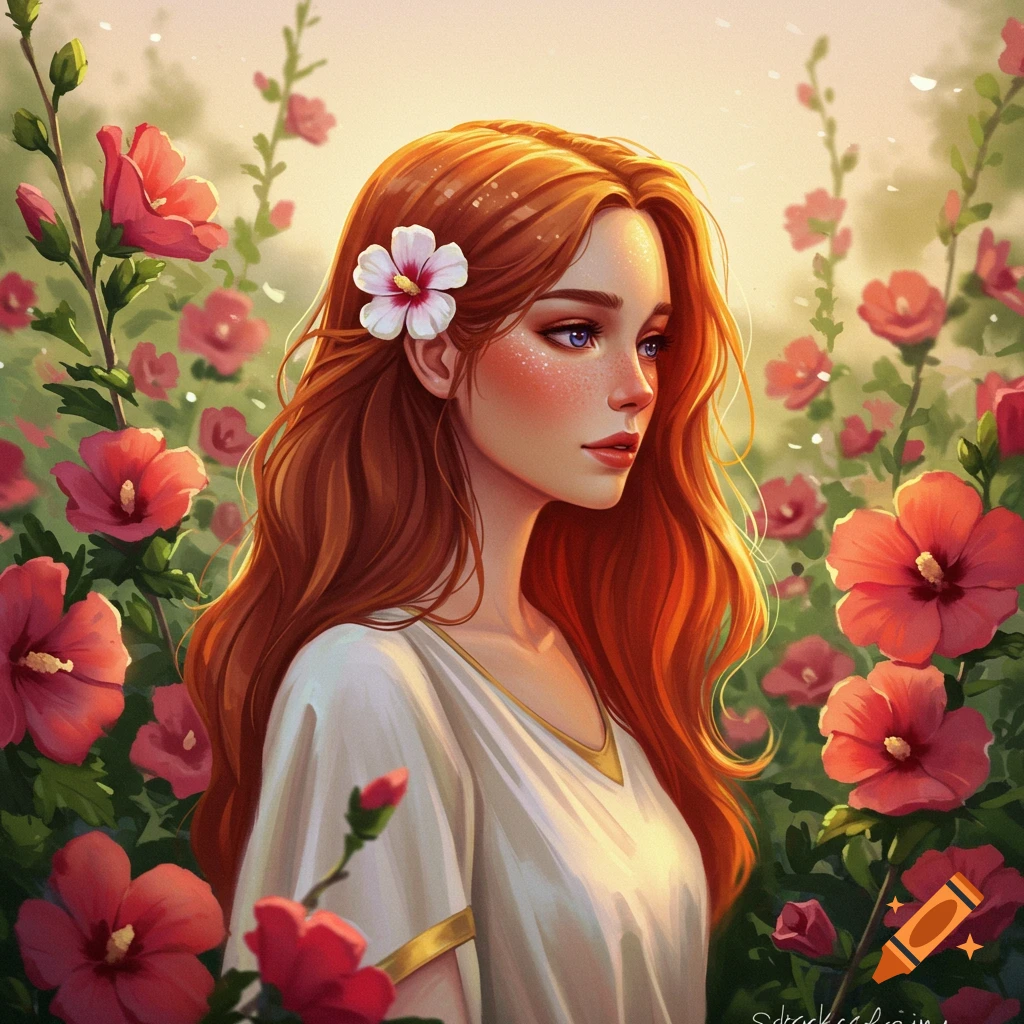 A red-haired woman is in a field of pink flowers.