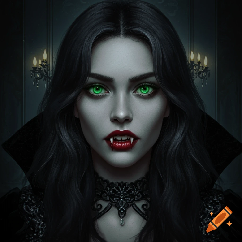 A vampire with green eyes and fangs.