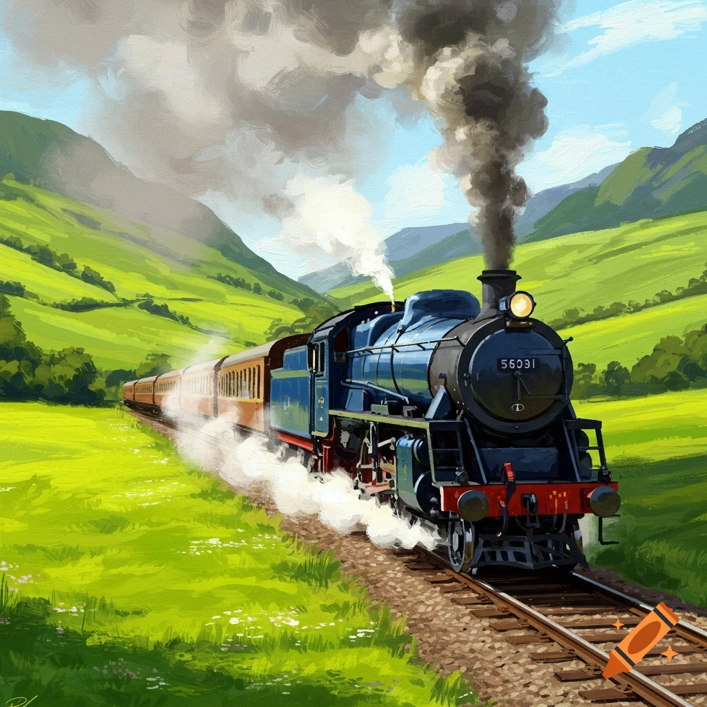 A blue steam train pulls carriages through a green, hilly landscape, emitting smoke.