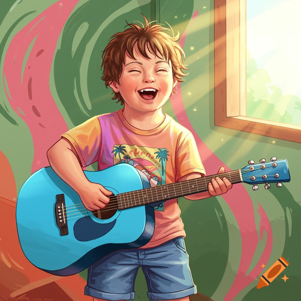 A happy boy playing a blue acoustic guitar in a vibrant, colorful room.