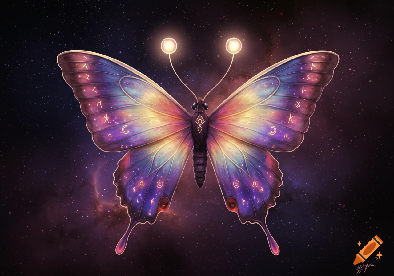 A colorful fantasy butterfly with glowing antennas and cosmic symbols on its wings, in space.
