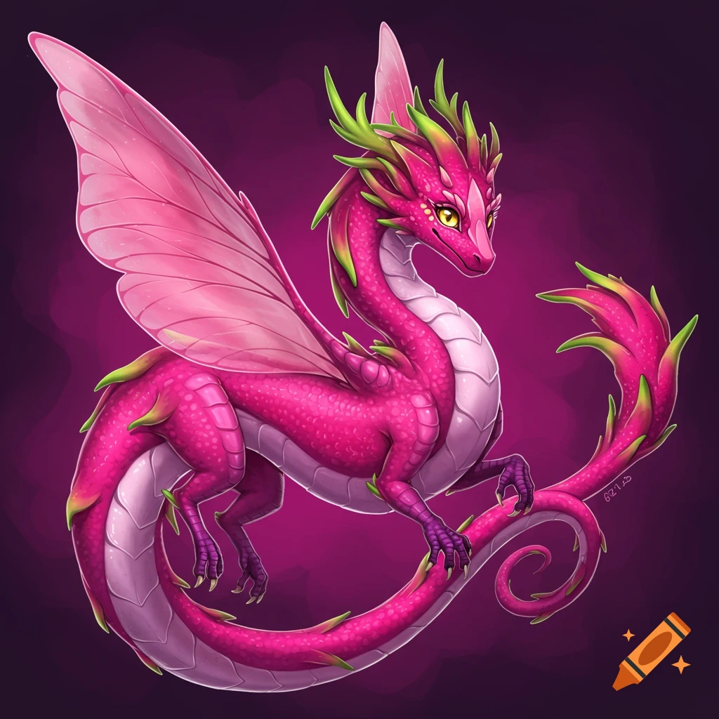 A pink dragon with translucent wings and green accents