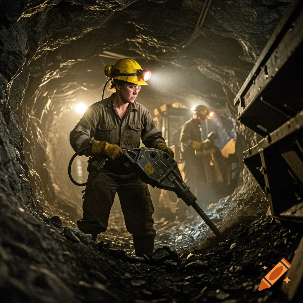 Photorealistic image of a female miner using a jackhammer in a dark mine with another miner in the background.