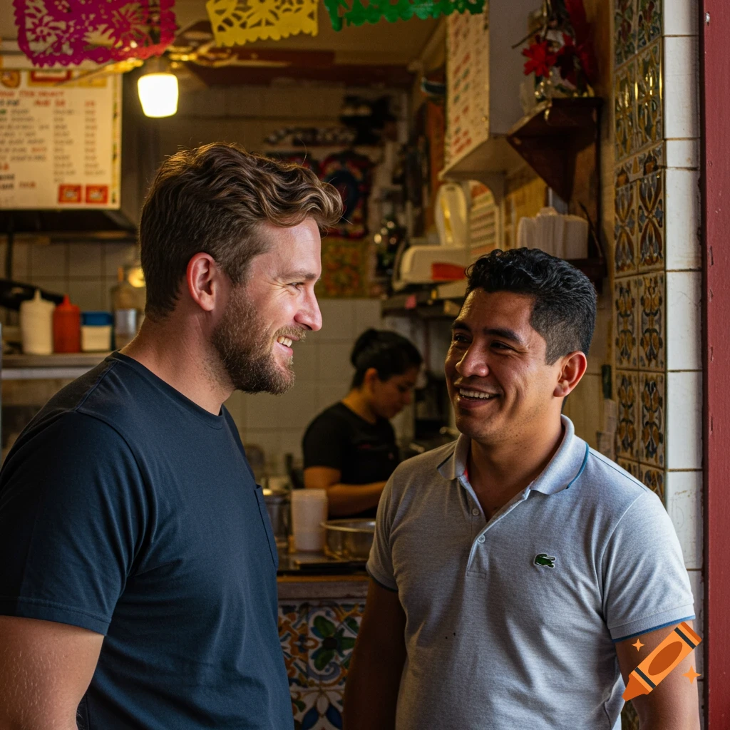 Two men talking at a taqueria.