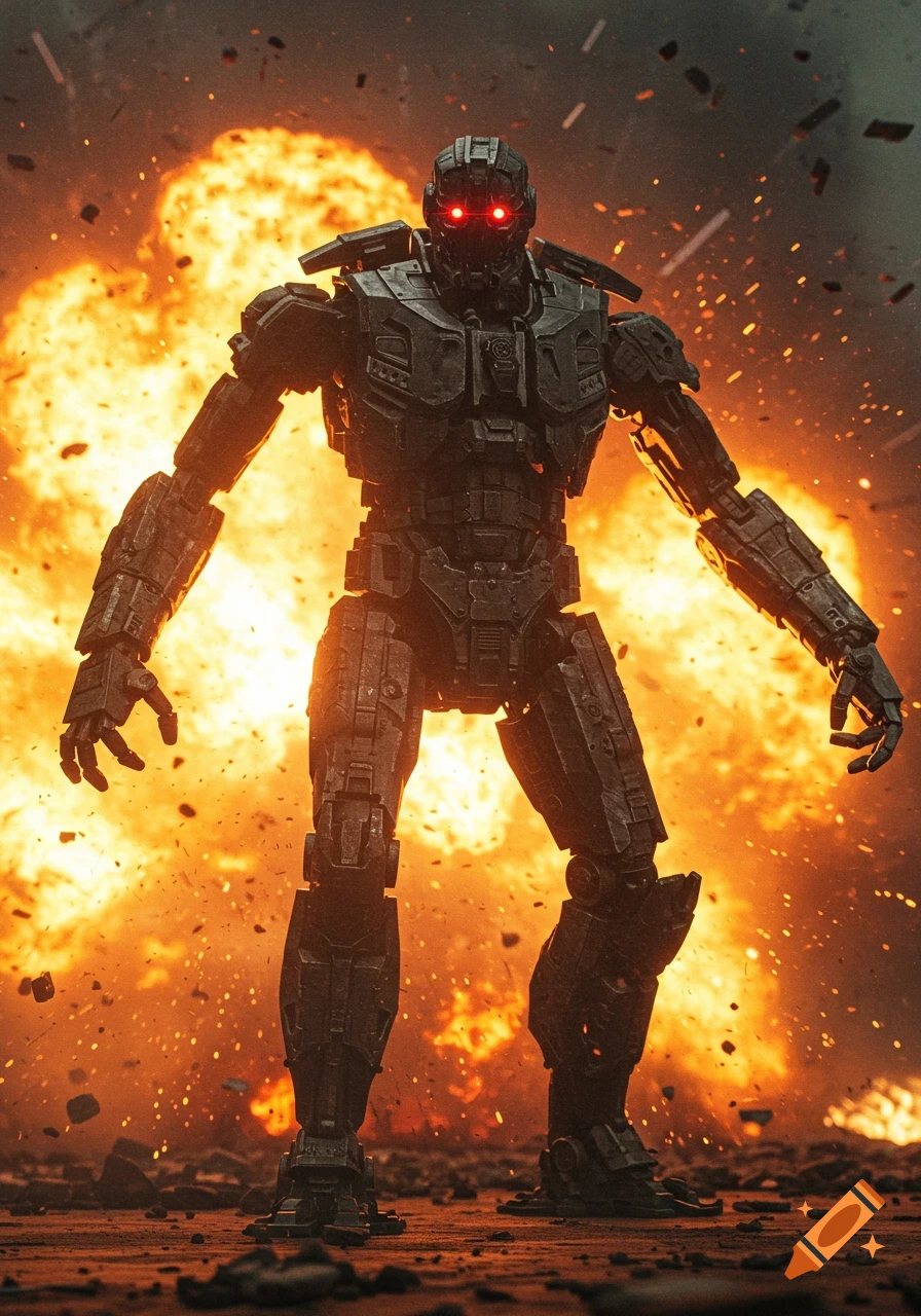 A dark robot with red eyes stands in front of a large explosion.