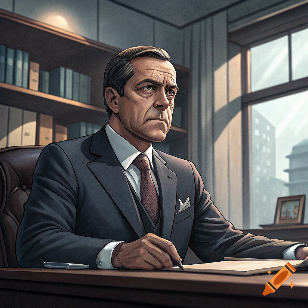 Illustrative portrait of a man in a suit sitting at a desk, writing or signing a document.