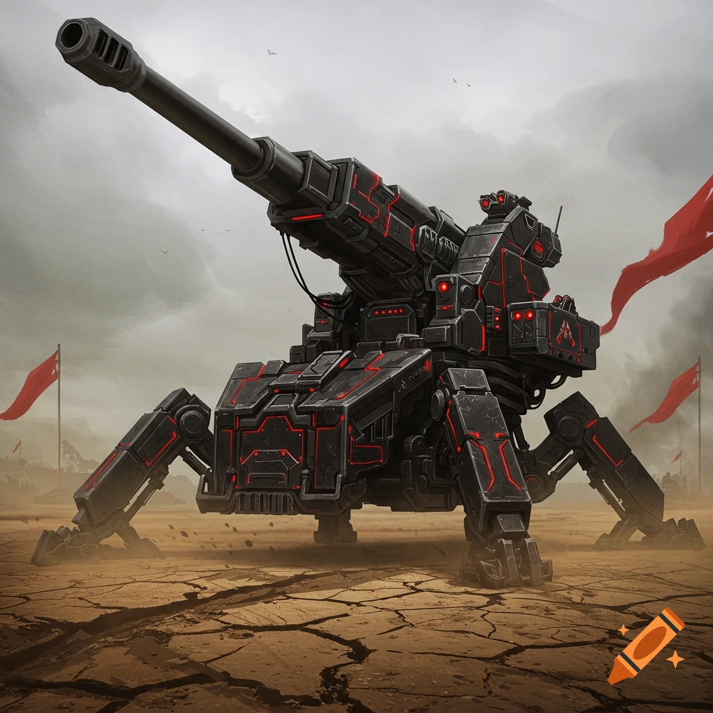 a futuristic black military mech with glowing red accents in a cracked desert landscape with red flags.