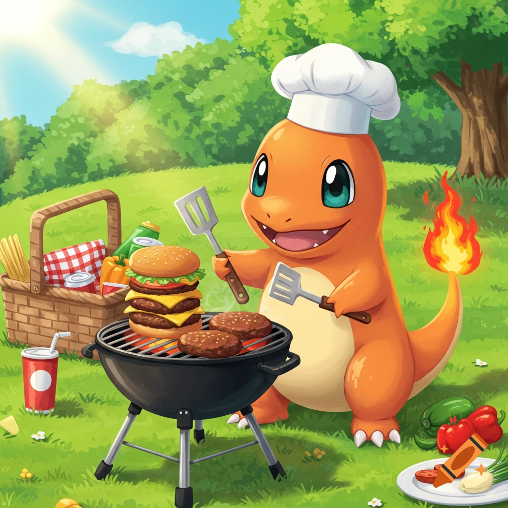 A Charmander wearing a chef hat is grilling burgers at a picnic.