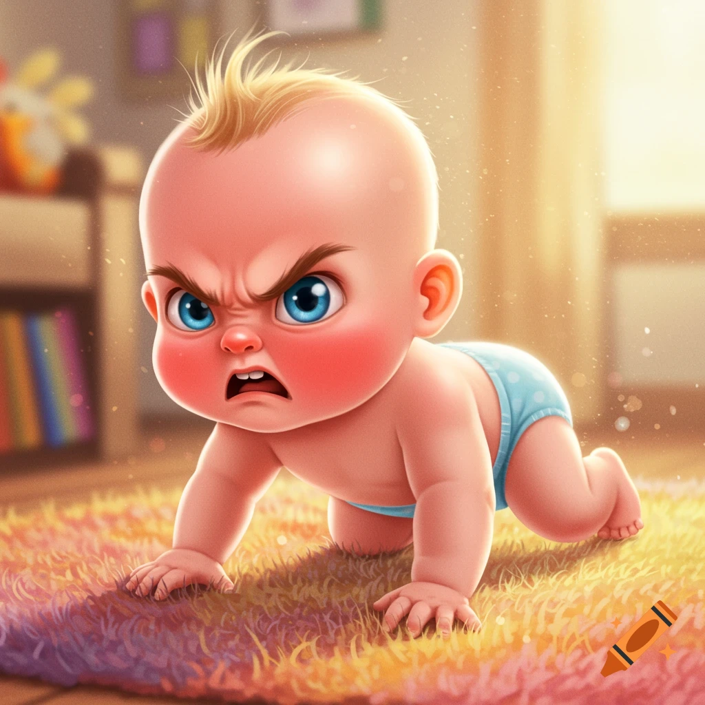 Angry cartoon baby with blue eyes crawling on a rug