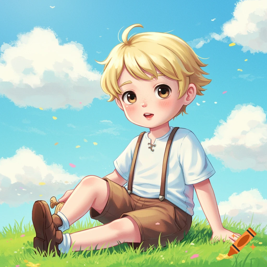 A young boy with blonde hair is sitting on grass under a blue sky.