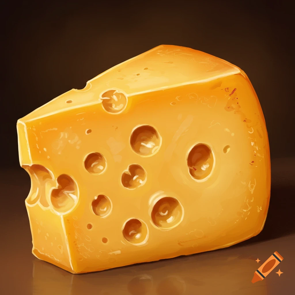 A wedge of yellow swiss cheese with holes.