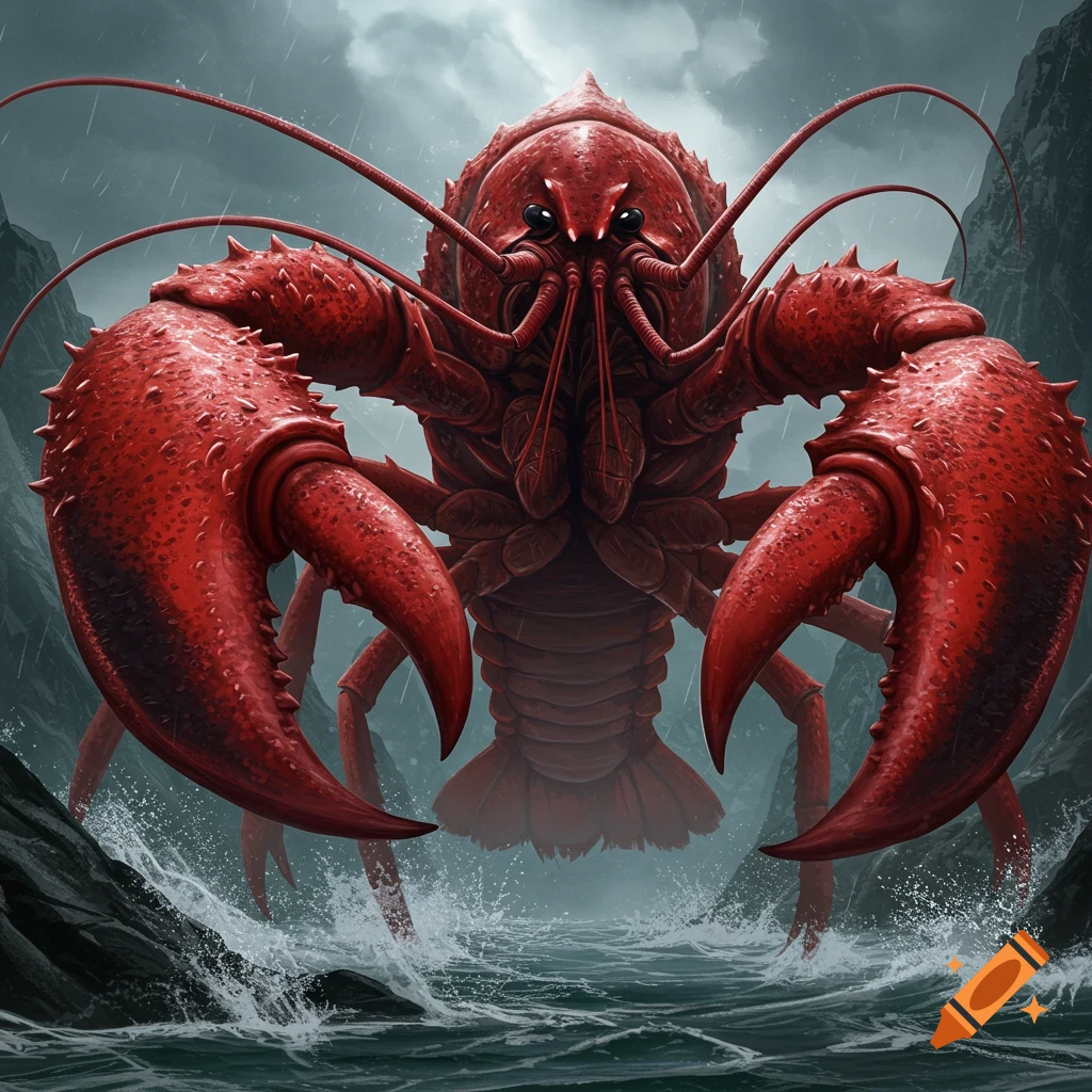 A monstrous red lobster emerges from stormy water.