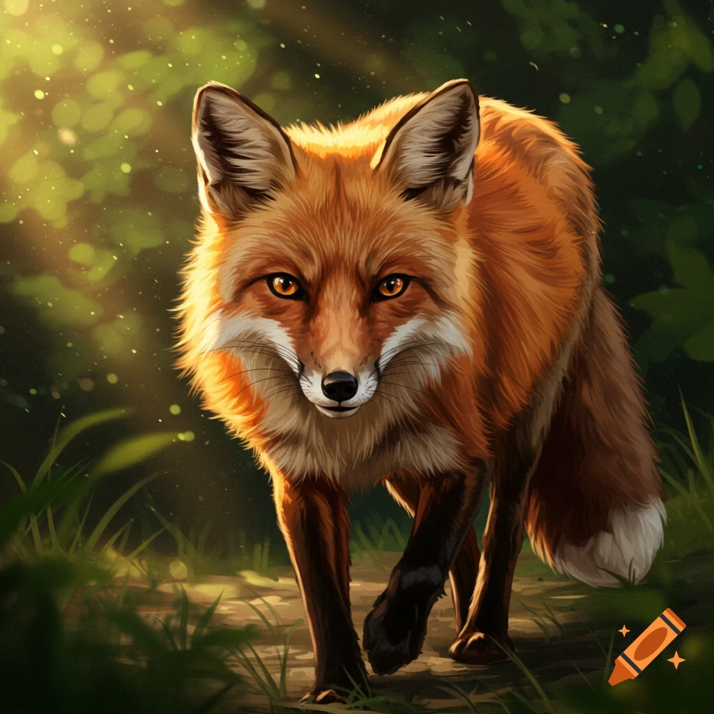 A red fox walking in a sunlit forest.