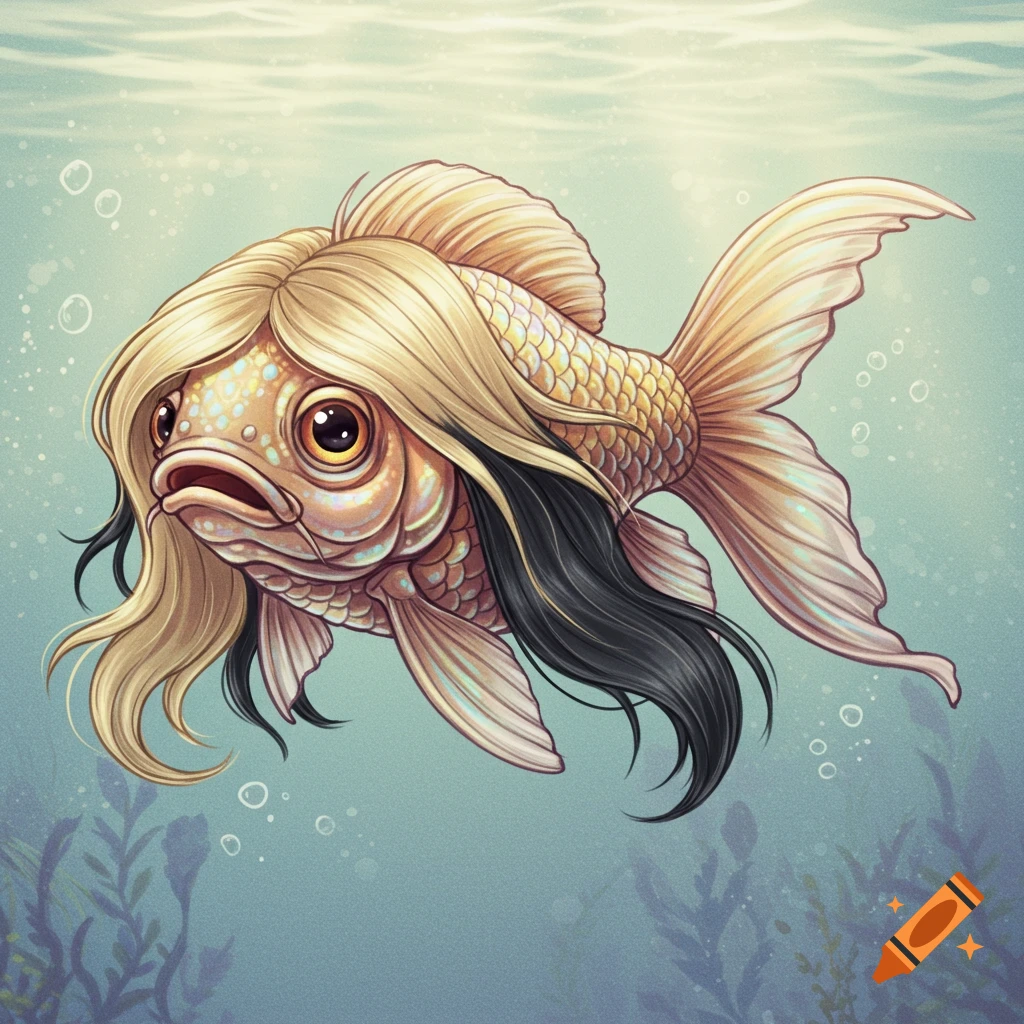 Illustration of a goldfish with blonde and black hair swimming underwater