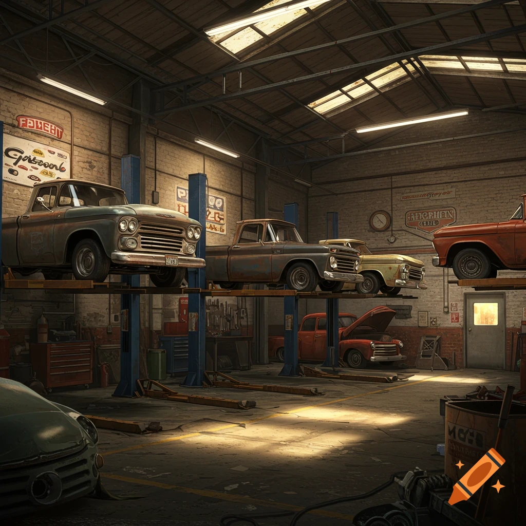 Old trucks on hoists in a large garage