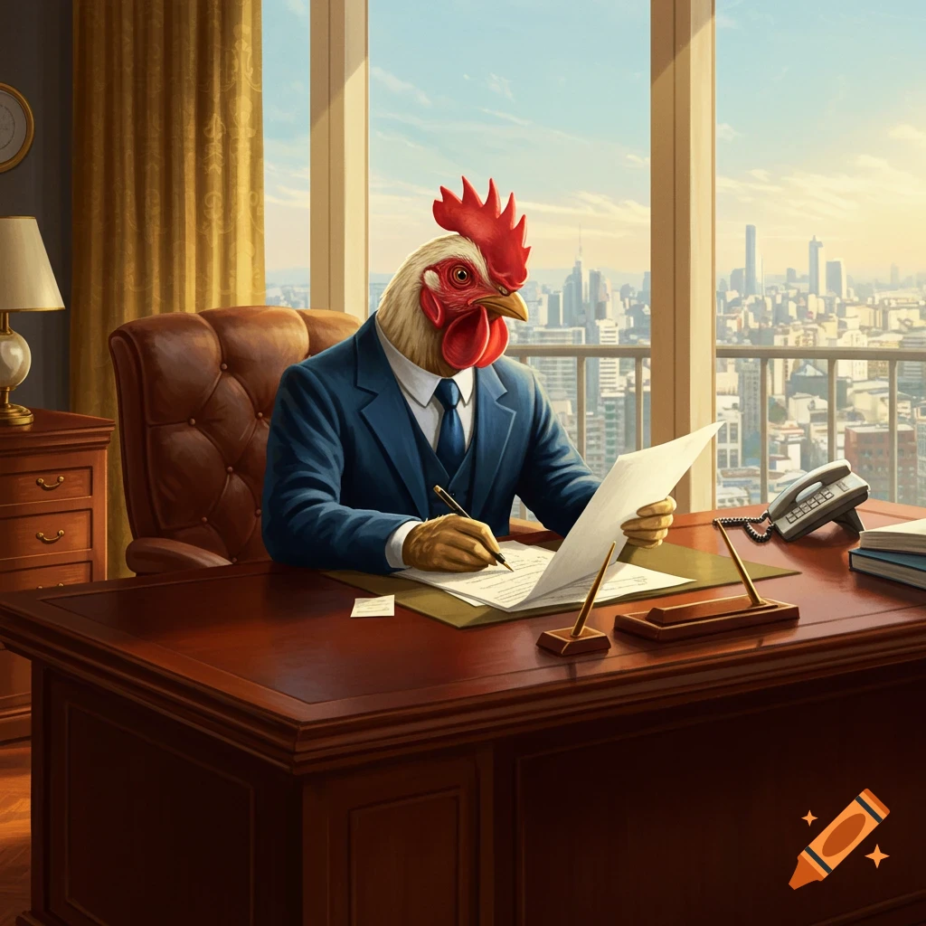 Anthropomorphic chicken in a suit at an office desk, writing.
