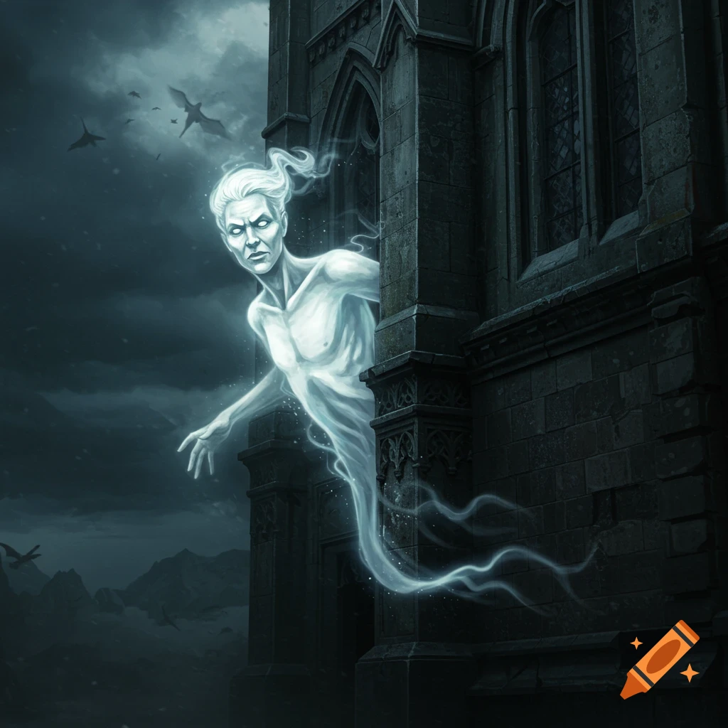 A ghost emerges from a gothic building at night.