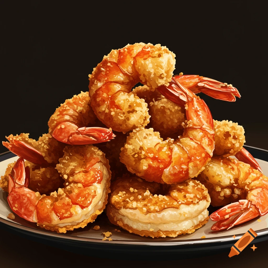 A pile of breaded shrimp on a plate.