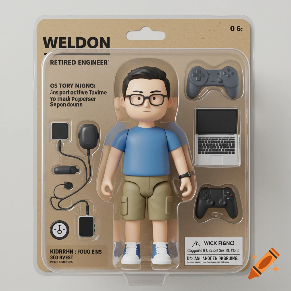 A 3D rendered action figure toy of a retired engineer in blister packaging with accessories.