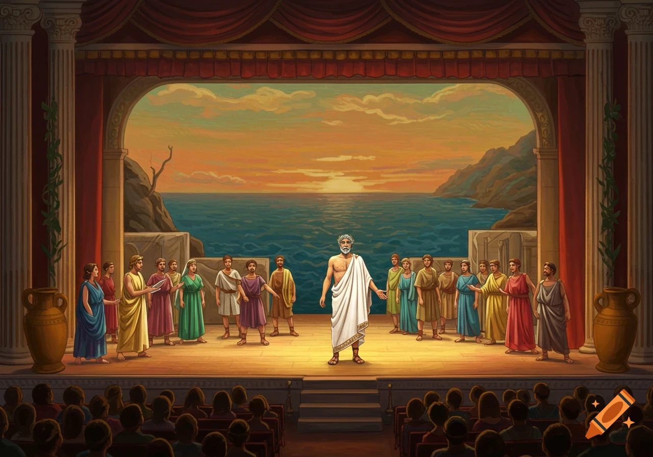 Ancient Greek play on stage with performers and an audience.