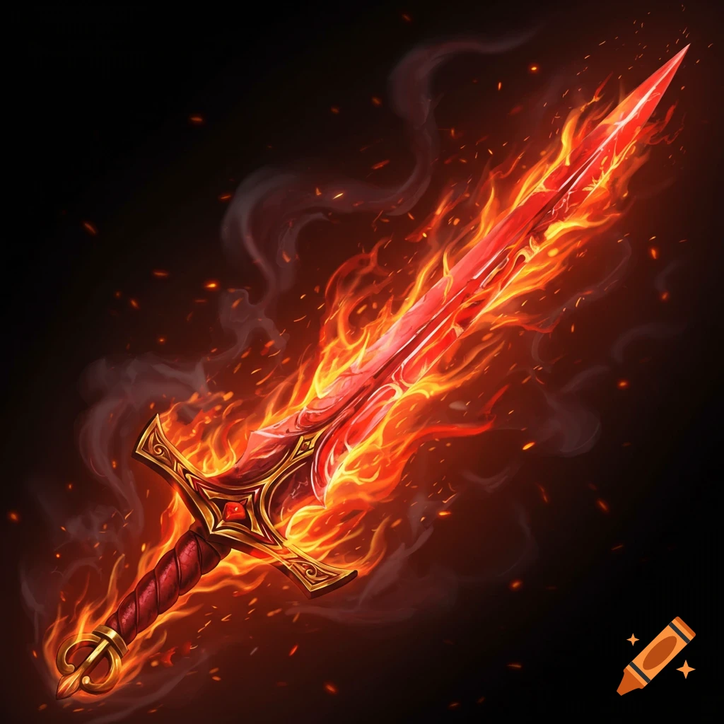 A blood red sword with gold trim, engulfed in fire