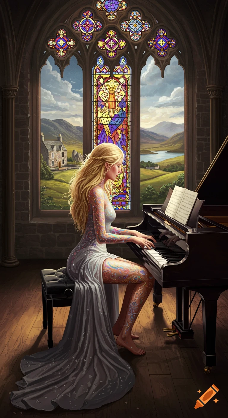 A woman playing piano beside a stained glass window overlooking a landscape.