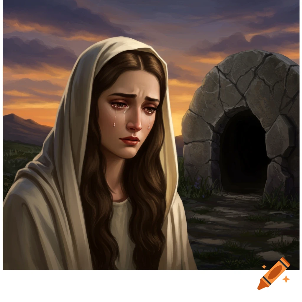 A woman in a headscarf weeps outside an empty stone tomb at sunset.