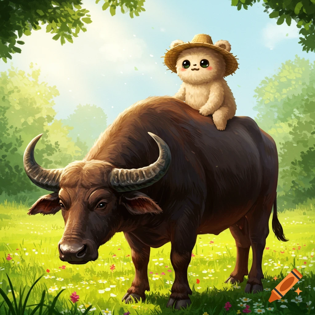 A cute fluffy character in a straw hat rides a water buffalo through a sunny field.