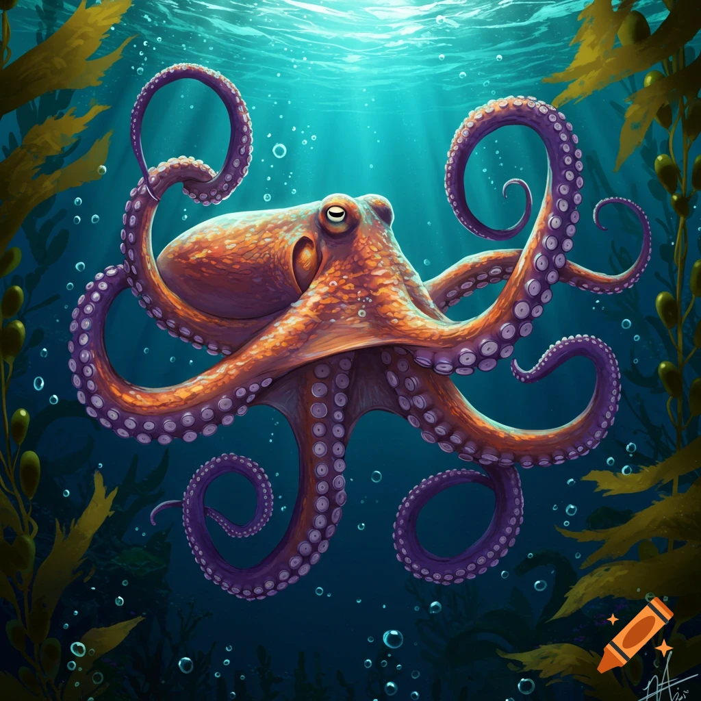 An orange and purple octopus is underwater among kelp.