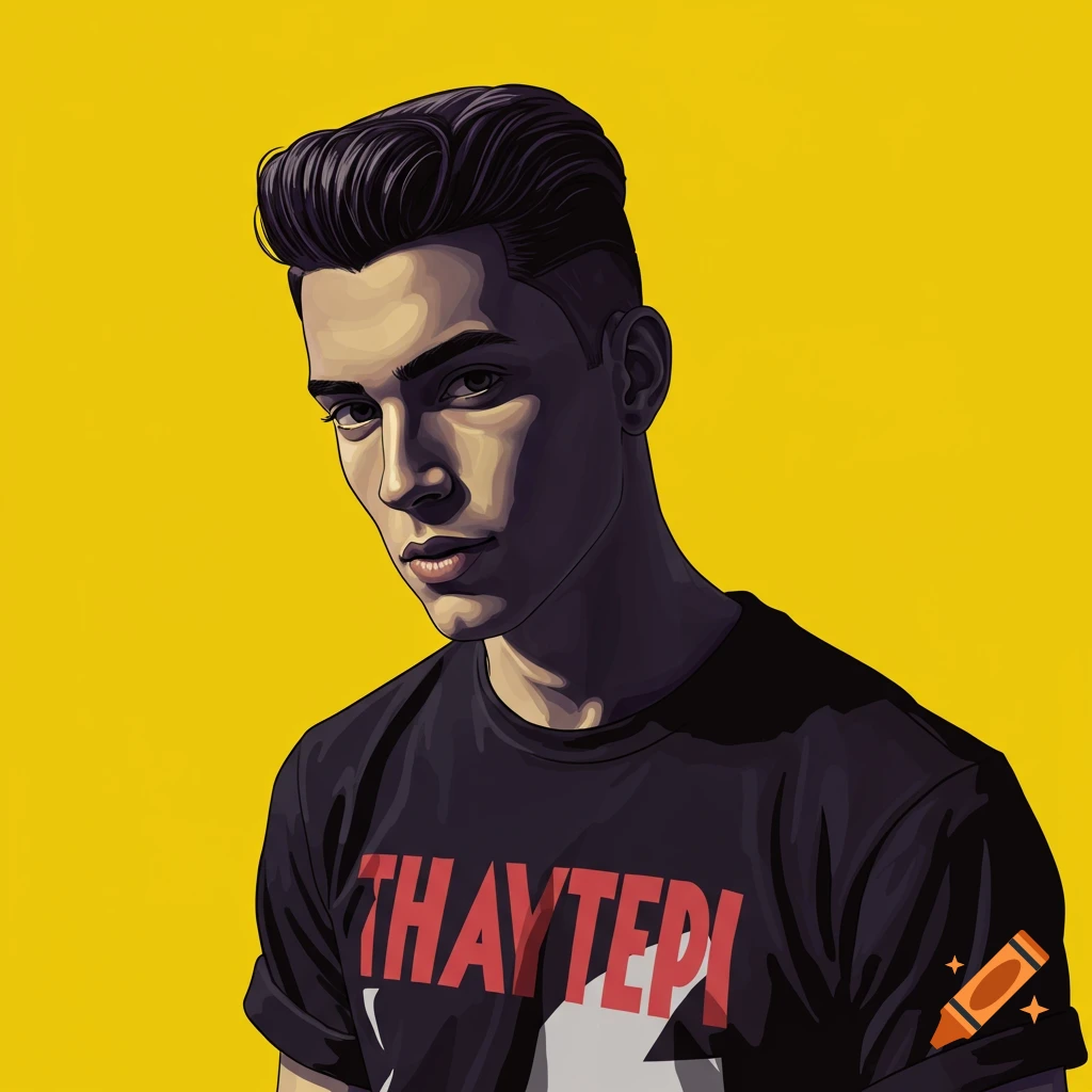 A man with a pompadour haircut wearing a black t-shirt with red text against a yellow background.