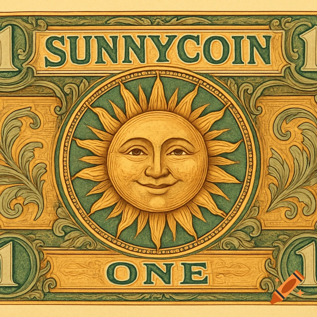 A stylized banknote design featuring a smiling sun face in the center, ornate green and gold borders, and the text SUNNYCOIN and ONE.
