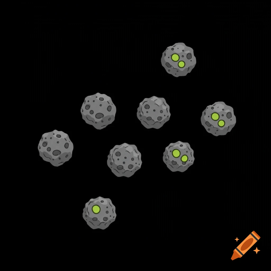 Multiple gray asteroids with green glowing cores on a black background illustration.