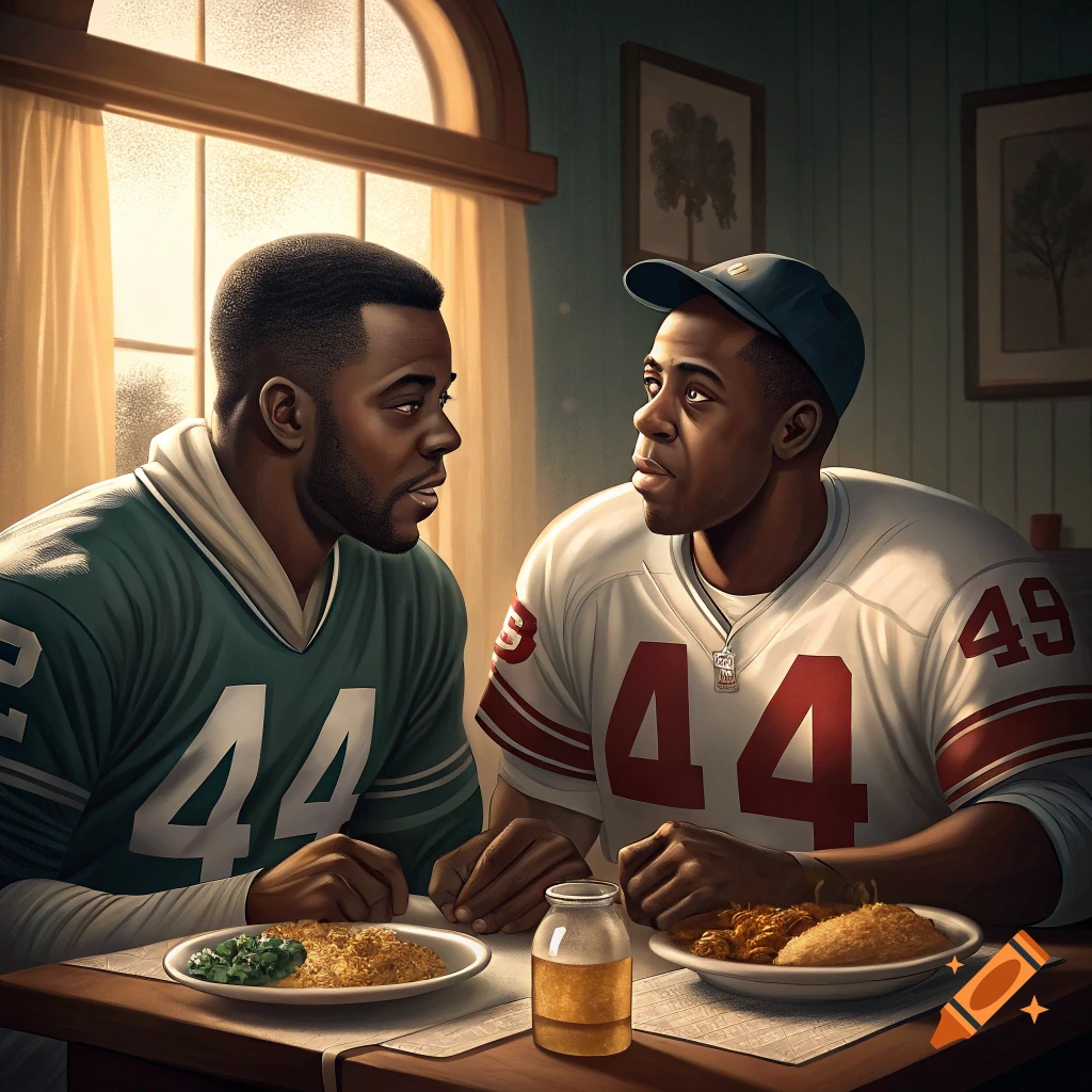 Two men in vintage football jerseys talk at a table, eating a meal. Painted style.