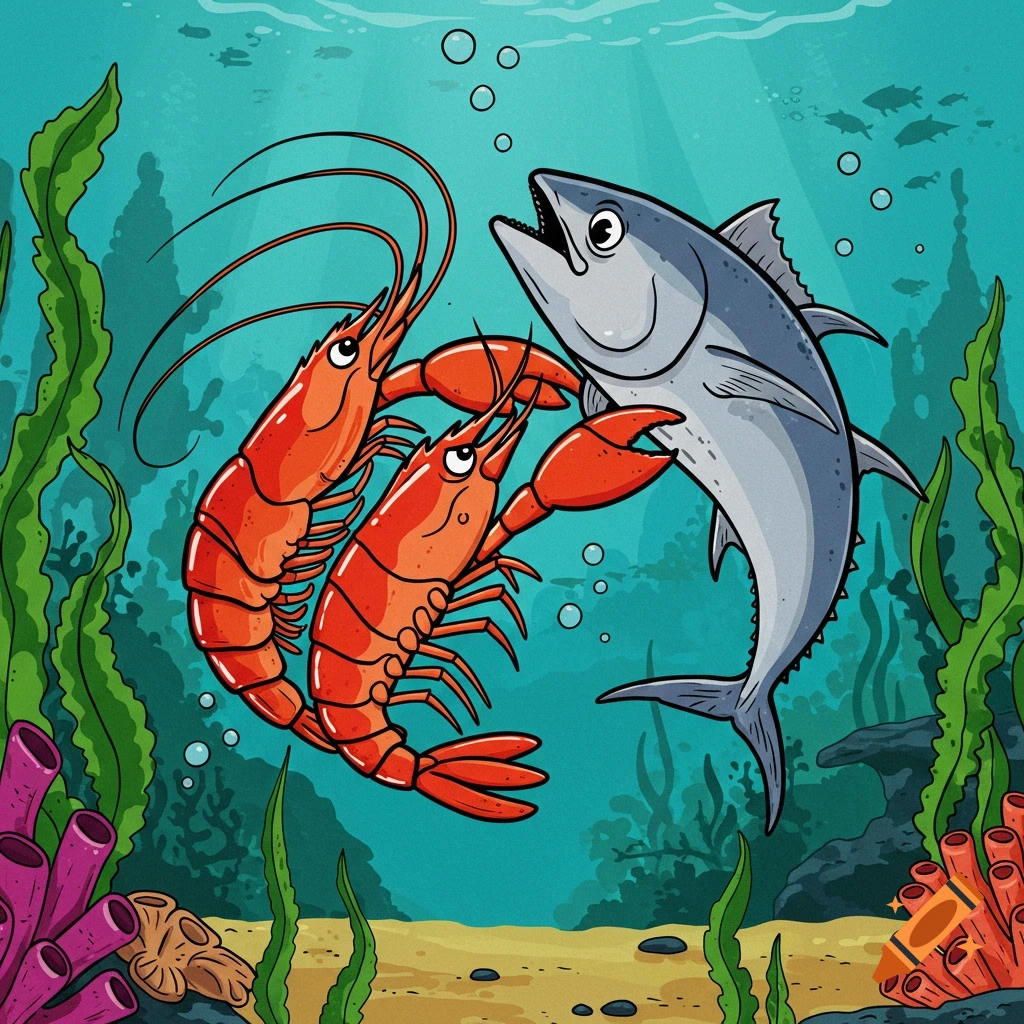 Cartoon illustration of two red lobsters and a grey tuna fish underwater.